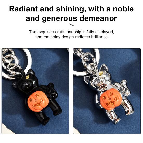 Handbag Decorative Accessory Halloween Cat Holding Pumpkin Keychain, Metal Car Key Ring Holder, Backpack Hanging Decor
