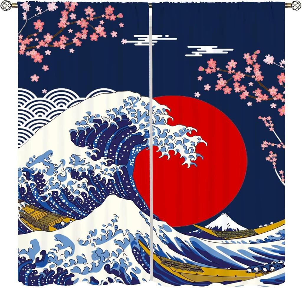 Moderne Japanische Vorhänge Glückskatze Berg Fuji Kirschblüten Traditionelles Muster Dekor Vorhänge für Schlafzimmer Wohnzimmer