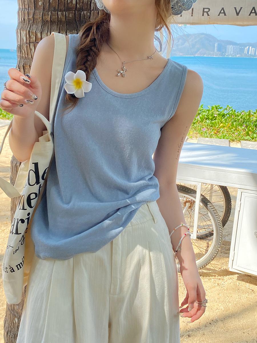 

Женский желтый топ-майка без рукавов из хлопка и льна 2024: Свободный крой, Летняя верхняя одежда, стройнящая фигуру Small