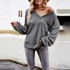Autumn Winter Women Solid Color V Neck Knit Sweater Long Sleeve Top