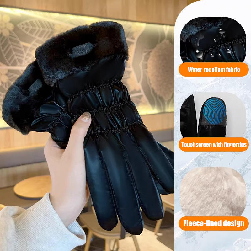 Ski Gloves Women Winter Fleece Thickened Warm Plush Cotton Waterproof Touch-Screen Gloves For Outdoor Riding Mountaineering