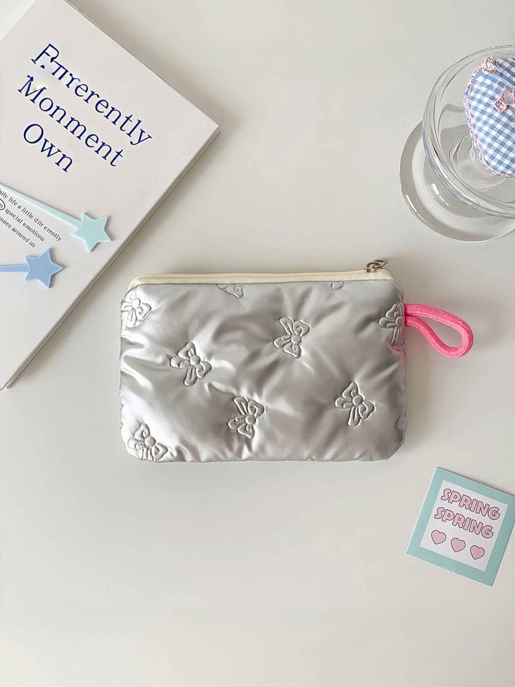1PC autumn and winter bow silver gloss makeup bag small portable cute earphone data cable storage bag wallet