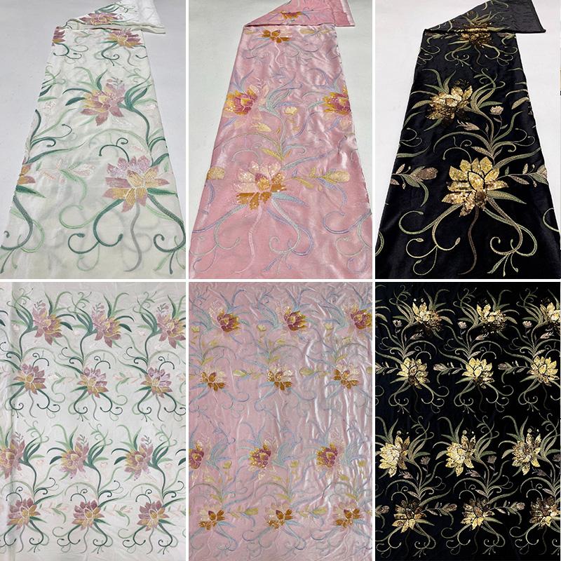 1/3/5Yards Floral Embroidery Colorful Beads Sequin Velvet Fabric for DIY Sewing Gowns Dress Cheongsam Clothing Accessories