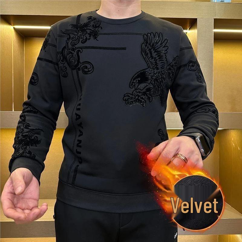Men s Autumn/Winter Versatile Loose Long Sleeve Velvet Warm Round Neck Sweatshirt. 2XL чёрный