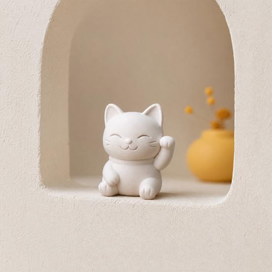 3D Printed Luck Cat Statue, Cute White Maneki Figurine, Matte White Mini Fortune Cat Ornament for Home Desk Bedroom Decor, Holiday Birthday