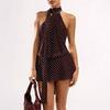 European and American temperament women's clothing polka dot sleeveless neck waist dress sexy backless mini mesh skirt