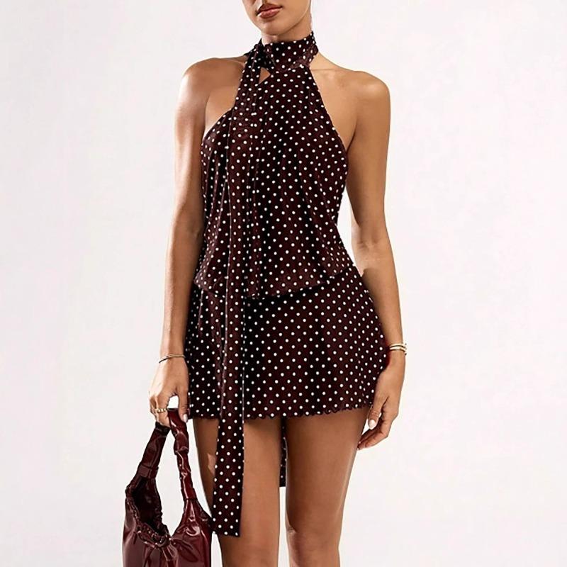 European and American temperament women's clothing polka dot sleeveless neck waist dress sexy backless mini mesh skirt