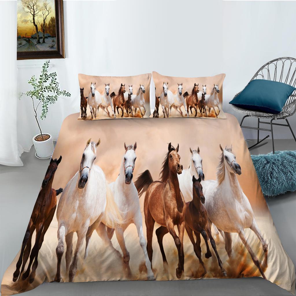 3D-Pferdeserie-Bettwäscheset mit Cartoon-Tiermuster, Bettbezug und Kissenbezug, 2 oder 3-teilig, geeignet für die Heimdekoration in Tierliebhaberzimmern