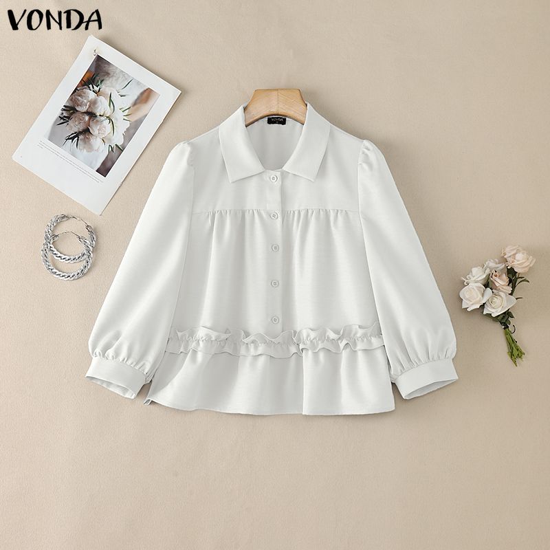 VONDA Summer Women Lapel Neck 3/4 Sleeve Ruffled Casual Blouse Tops
