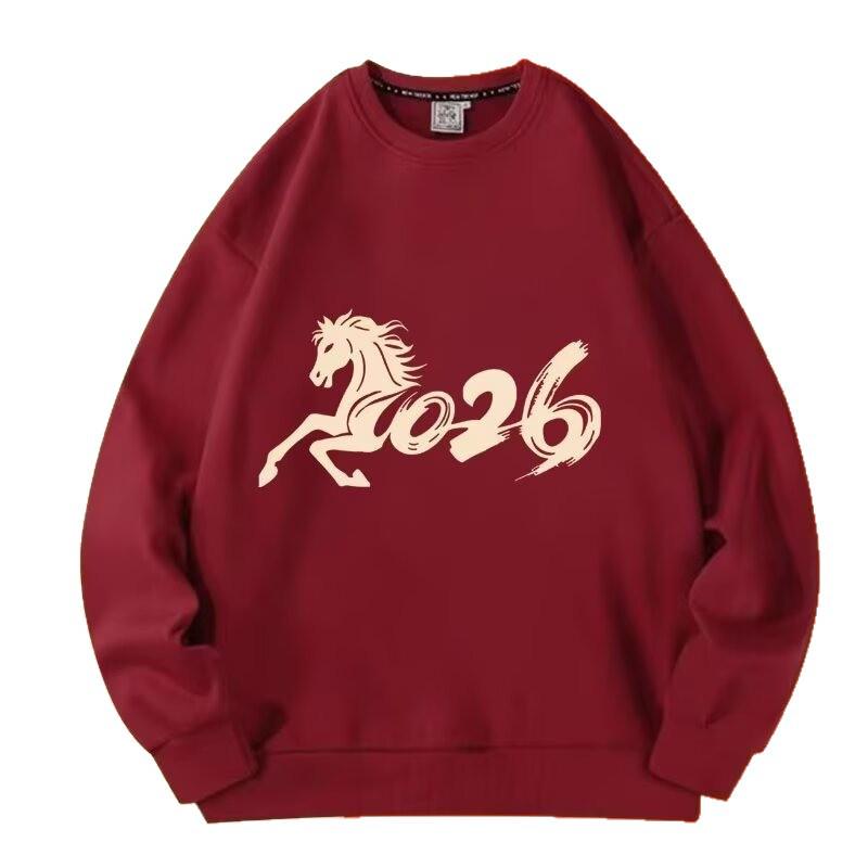 Unisex Wine Red Year of the Horse Hoodie: Cozy Velvet-Lined New Year’s Top for Autumn and Winter