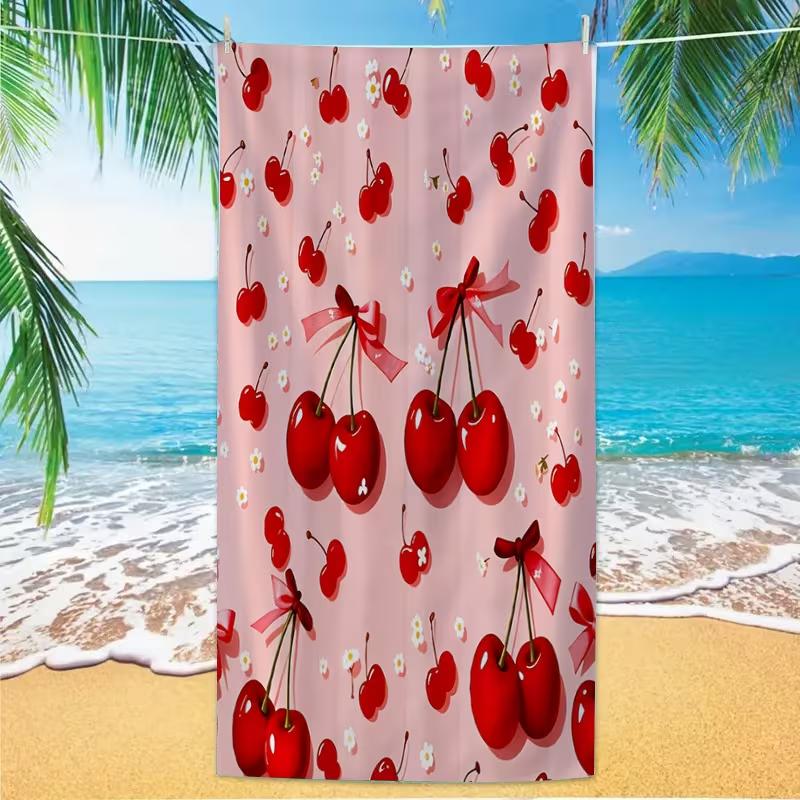 Cute Red Cherry Bow Floral Beach Towel Soft Quick Dry Absorbent Swim Towel Large Lightweight Beach Blanket for Summer Travel