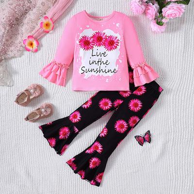 Kinderkleidung Mädchen Frühling und Sommer Casaul Sets Blumendruck Tops und Schlaghosen Set Baby Kleinkind Anzug