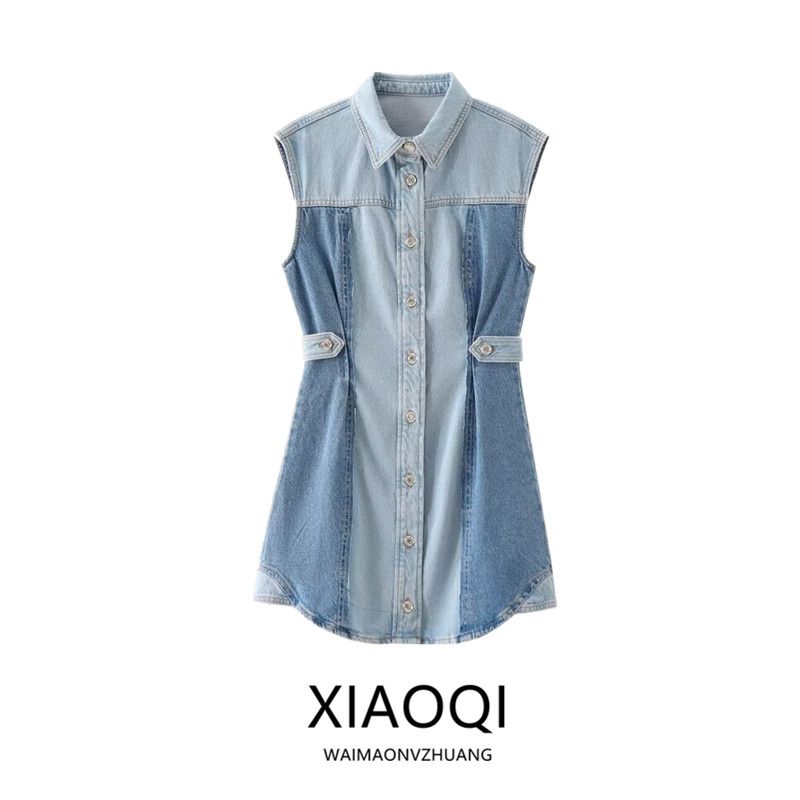 Fashion Style 2024 Summer New Arrival Women's Lapel Sleeveless Waist Mini Patchwork Denim Dress 5862085