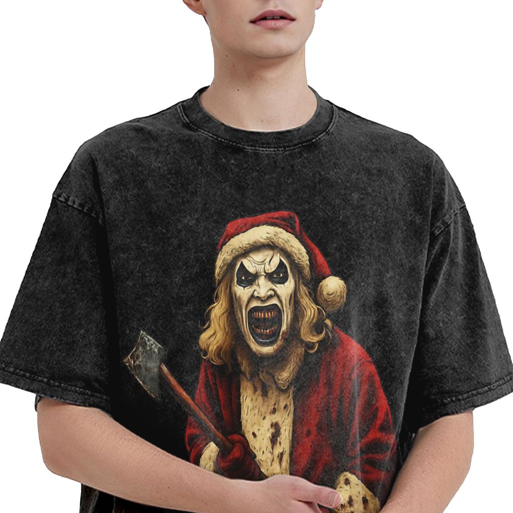 Art The Clown Terrifier Christmas T Shirt Washed Cotton T-Shirts Vintage for Men Women Streetwear Graphic Printed Tee Shirt