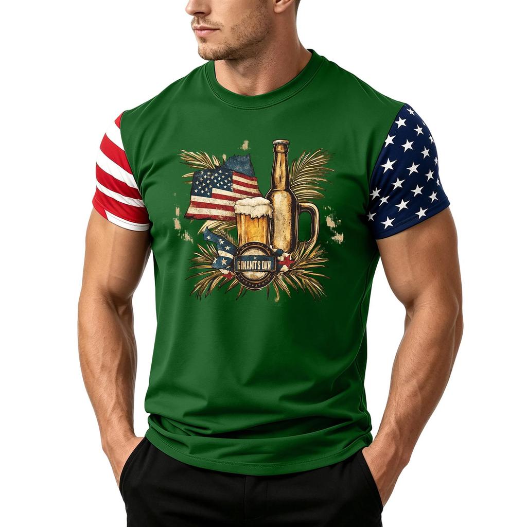Men's Short Sleeve Loose Fit T Shirt with Flag and Beer Print Casual Crewneck Summer Top for Daily Wear Holiday Events