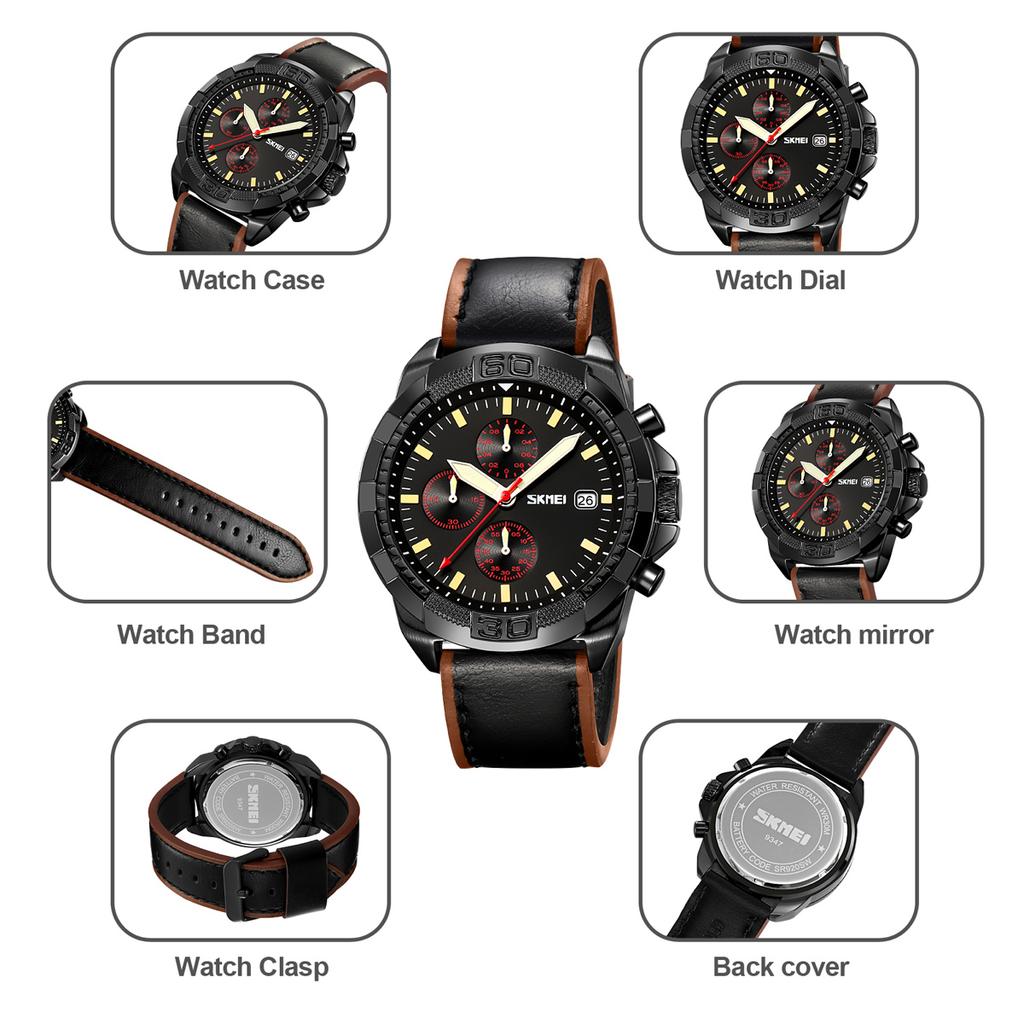 SKMEI Fashion Stopwatch Quartz Movement Watch Mens Genuine Leather Strap 3Bar Waterproof Time Date Wristwatch Reloj Para Hombre