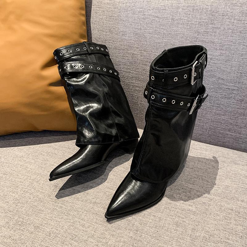 Fashion Trouser Leg Single Boots Autumn New Pointed Toe Sleeve Rivet Metal Buckle Anti-Slip Wear-Resistant Tall Boots