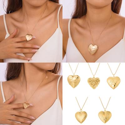 Vintage Herz Medaillon Halskette Mit Gravierten Floralen Designs Verstellbare Kette Foto Anhänger Schmuck Accessoire für Frauen