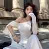 Korean Design Sense Chic Slanted Shoulder Streamer Long-sleeved T-shirt Women's Spring New Sweet Spice Girl Small Off-the-shoulder Top