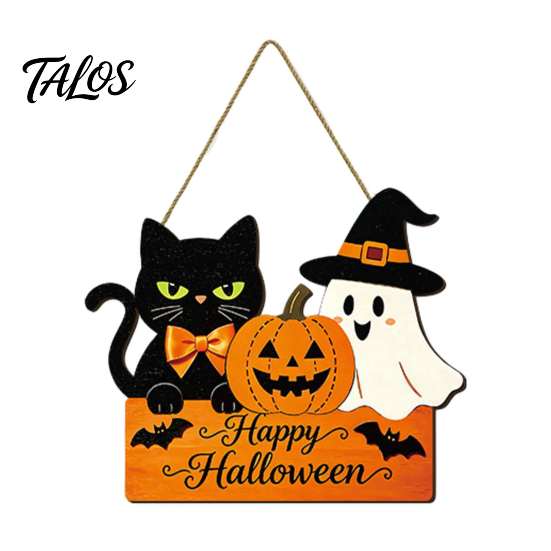 Cute Halloween Front Door Plaque Sign with Hemp Rope Lanyard, Pumpkin Ghost Printed Hanging Decorative for Home Entrance Plaque, Wooden Wall Art Porch