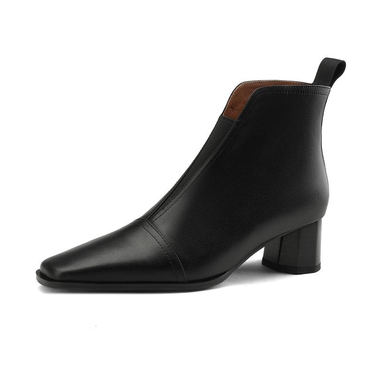 Fashion Women's new autumn and winter square toe retro leather cowhide mid heel thick heel size Chelsea calf boots