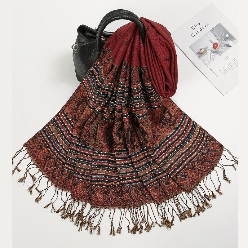 Hotsale Jacquard Printed Pashmina Shawl Women Cotton Muslim Hijab Tassel Headscarf Scarf Ethnic Style Tudung