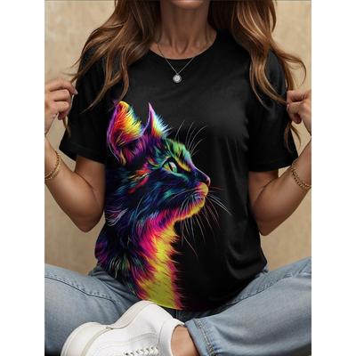Women's T-Shirt Animal Cat Pattern Retro Fashion Classic Short-Sleeved Round Neck Women Summer Clothing