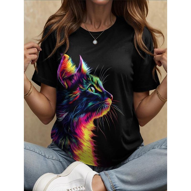 Women's T-Shirt Animal Cat Pattern Retro Fashion Classic Short-Sleeved Round Neck Women Summer Clothing
