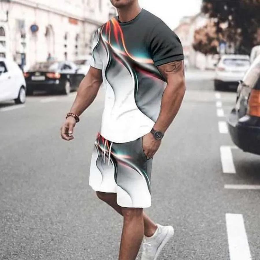New Fashion T-shirt and Shorts Set Street Men's Clothing Men's Set 3D Short Sleeve Loose Casual Colorful Line Printing Suit