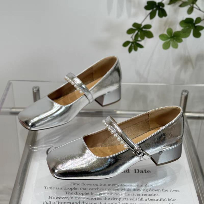 Fashion casual French pearl with flat Mary Jane shoes women's 2025 summer wear versatile thick heel single shoes
