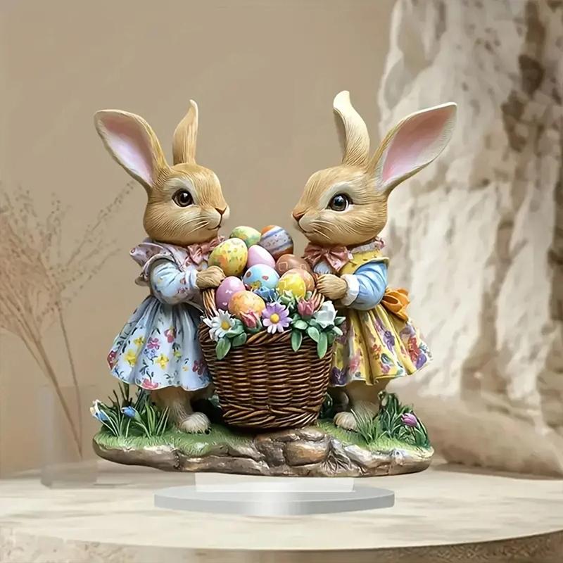 Easter Bunny Ornament Flat Acrylic Ornament Rabbit House Single Desktop Home Office Garden Ornament Yard Decoration Gift