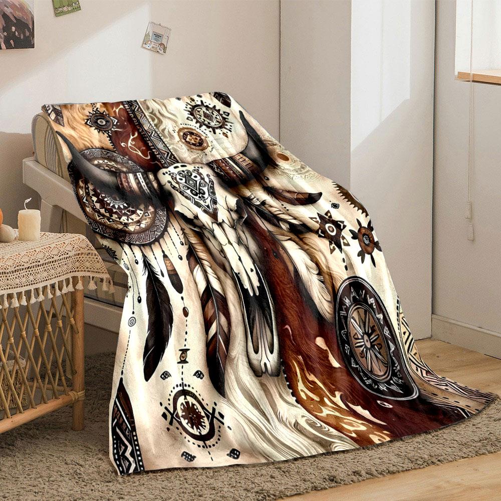 Bohemian Cow Skull Blanket Bedroom Blanket for Livingroom Couch Lunch Break Soft Throw for Friend's Festival Gift