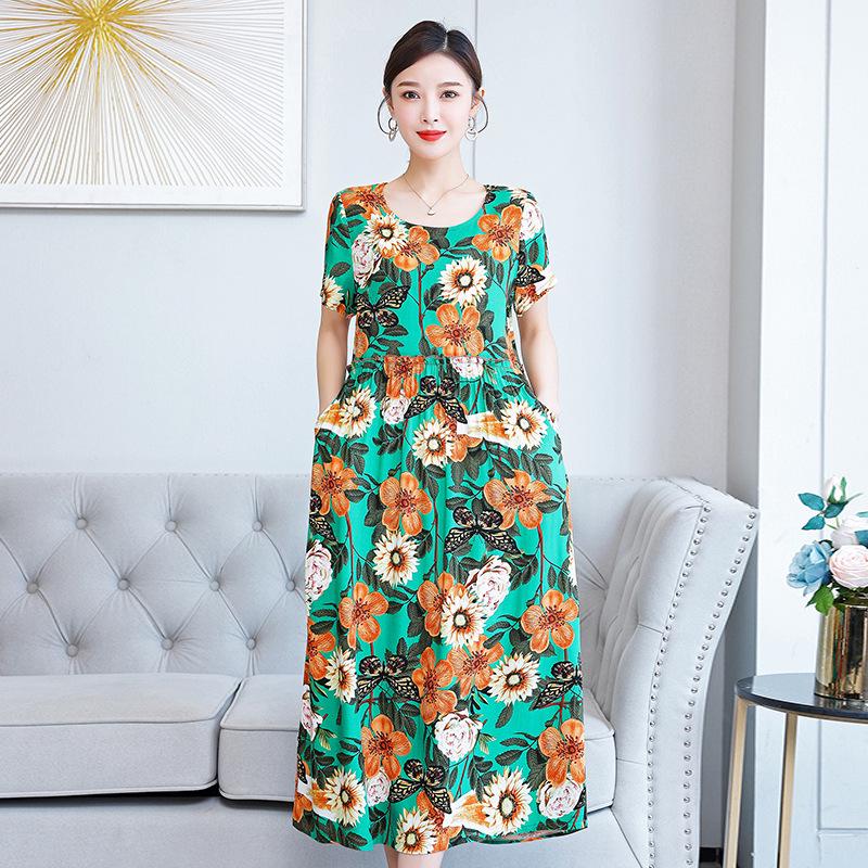 Plus Size Floral Cotton-Silk Dress for Women - Summer Fashion, Elegant Long Swing Dress