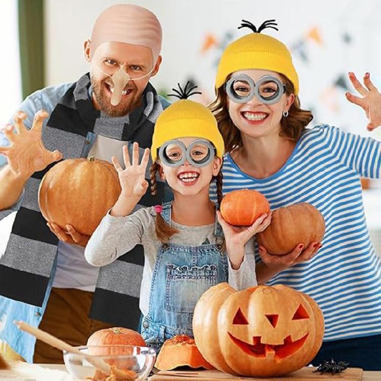 Bald Hat Set for Man Adults Bald Caps Black Gray Striped Scarf False Nose Gru Costume Set