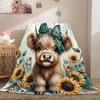 Ultra Soft Highland Cow Sunflower Print Fleece Blanket Multi Purpose Sofa Nap Hiking Blanket Holiday Gift for Family Friends