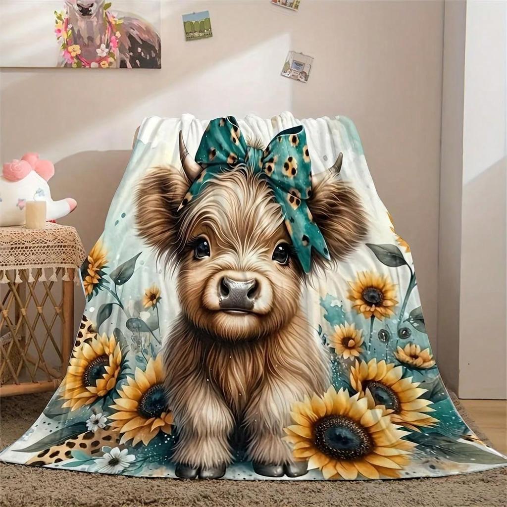 Ultra Soft Highland Cow Sunflower Print Fleece Blanket Multi Purpose Sofa Nap Hiking Blanket Holiday Gift for Family Friends
