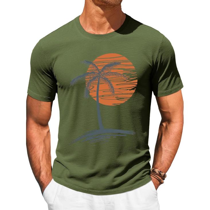 Runcati Mens Short Sleeve T-Shirts Graphic Crew Neck Shirt Printed Tees | Casual, Summer Beach, Sunset Palm Tree, Vintage Hawaiian Tees