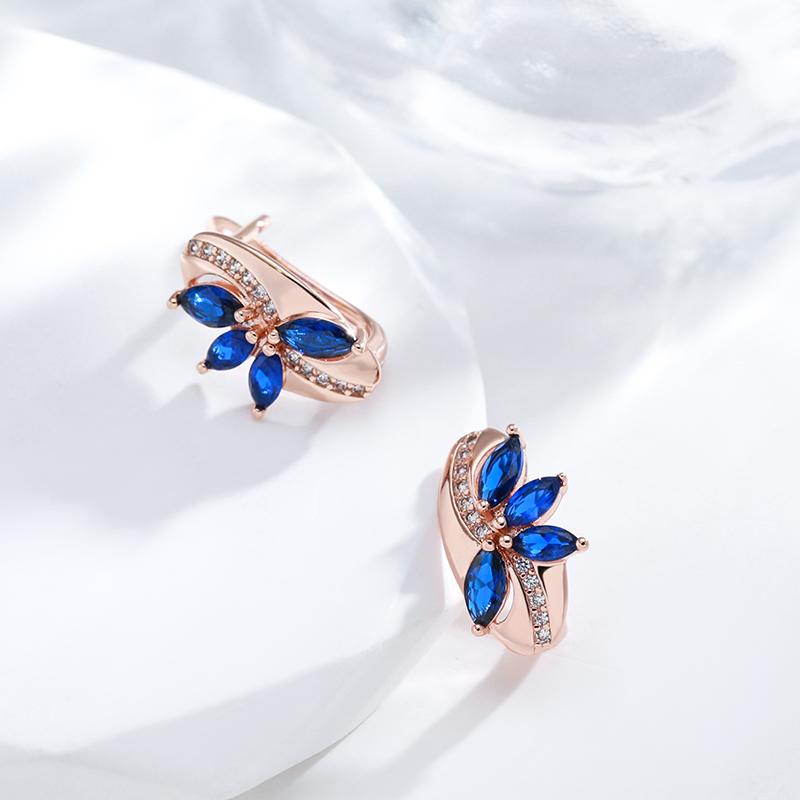New Blue Natural Zircon Flower Drop Earring For Women  Rose Gold Vintage Ethnic Bride Wedding Jewelry Party Accessories