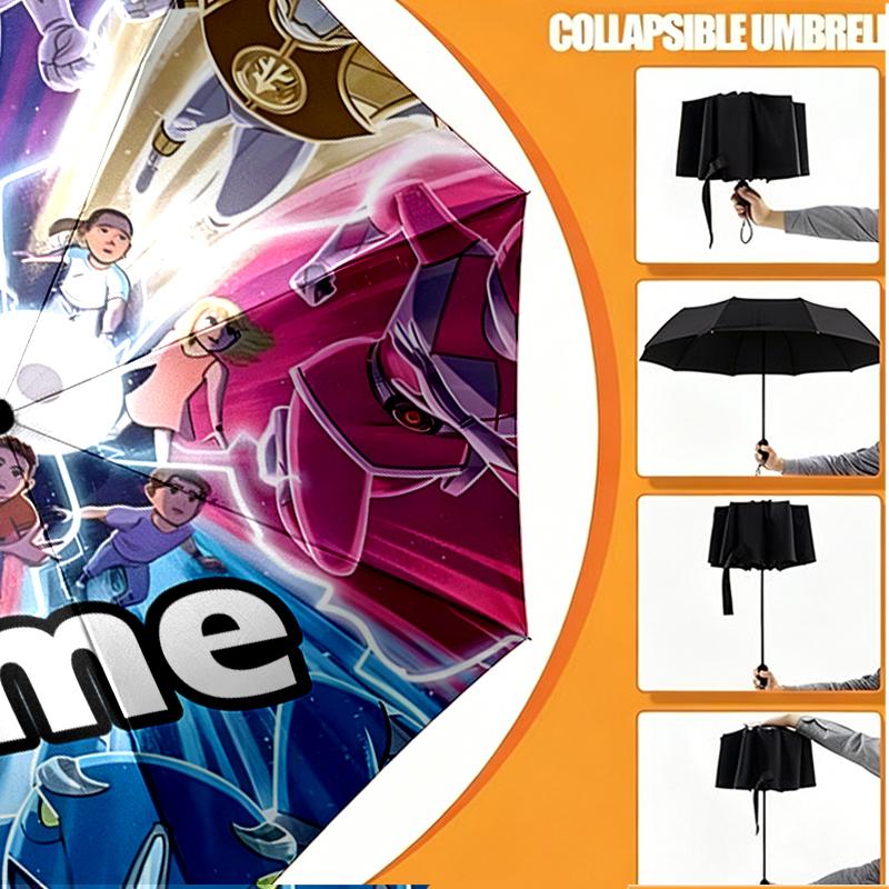 Custom Name Personalized Mighty Morphin Power Rangers Print Umbrella, Auto Open Close, 8‑Rib Sturdy Frame, Commute Camping Hiking Use, Birthday Gift