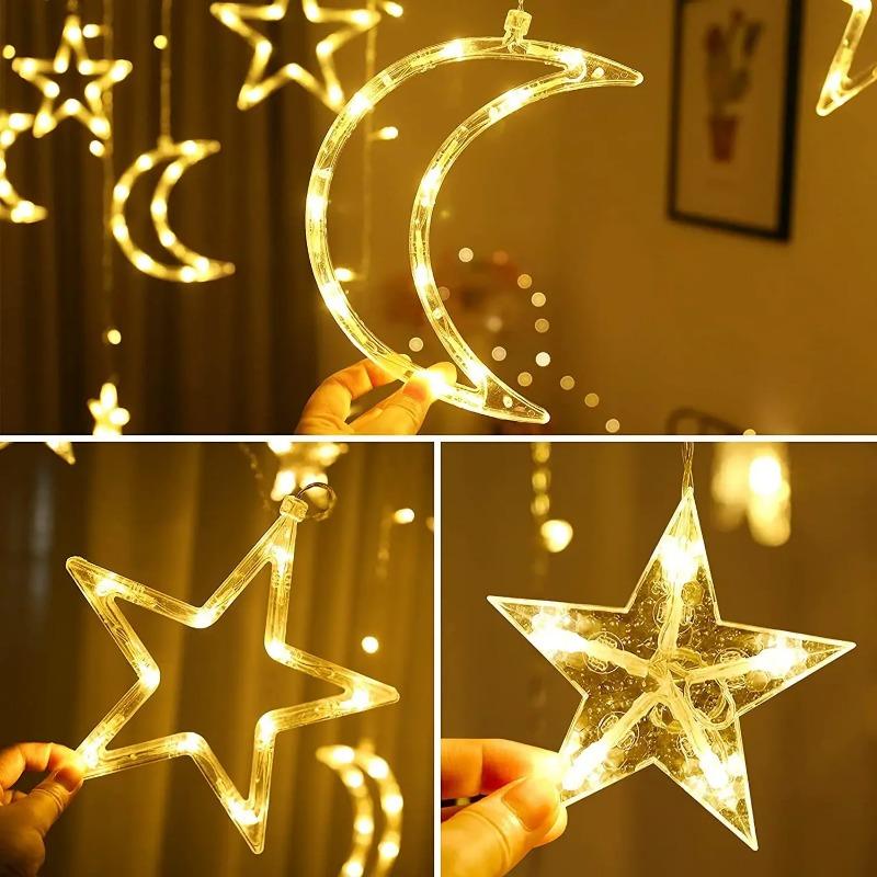 3.5M Solar Moon Star Curtain Lights Waterproof 8 Modes LED Fairy String Lamp for Christmas Party Garden Decor Decor for Room