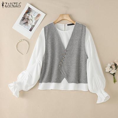 Women Casual Round Neck Long Sleeve Loose Patchwork Blouse