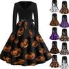 Womens Halloween Printed Size Dress Crew Neck Long Sleeve Vintage Swing Dress with Belt Pocket Free Design