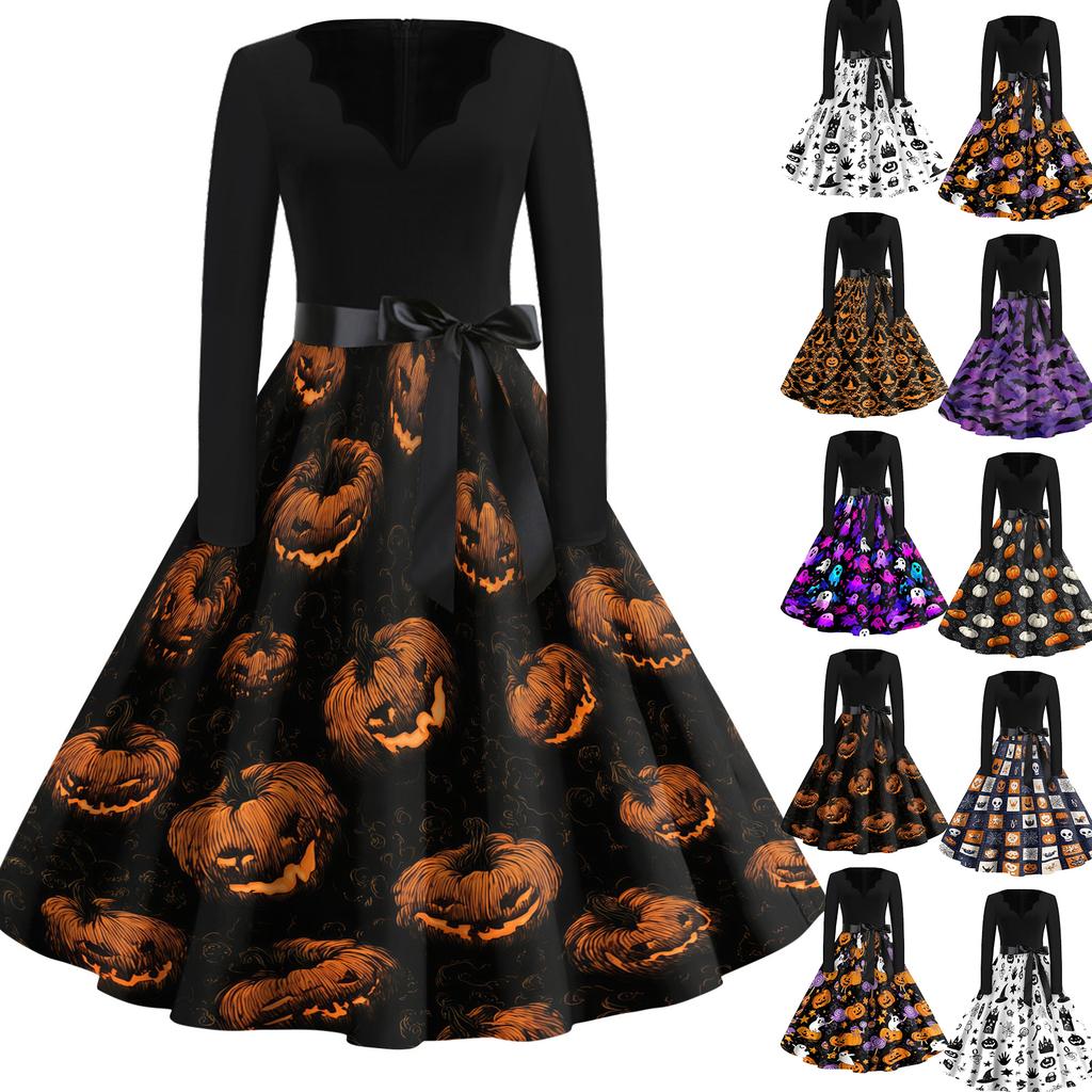 Womens Halloween Printed Size Dress Crew Neck Long Sleeve Vintage Swing Dress with Belt Pocket Free Design