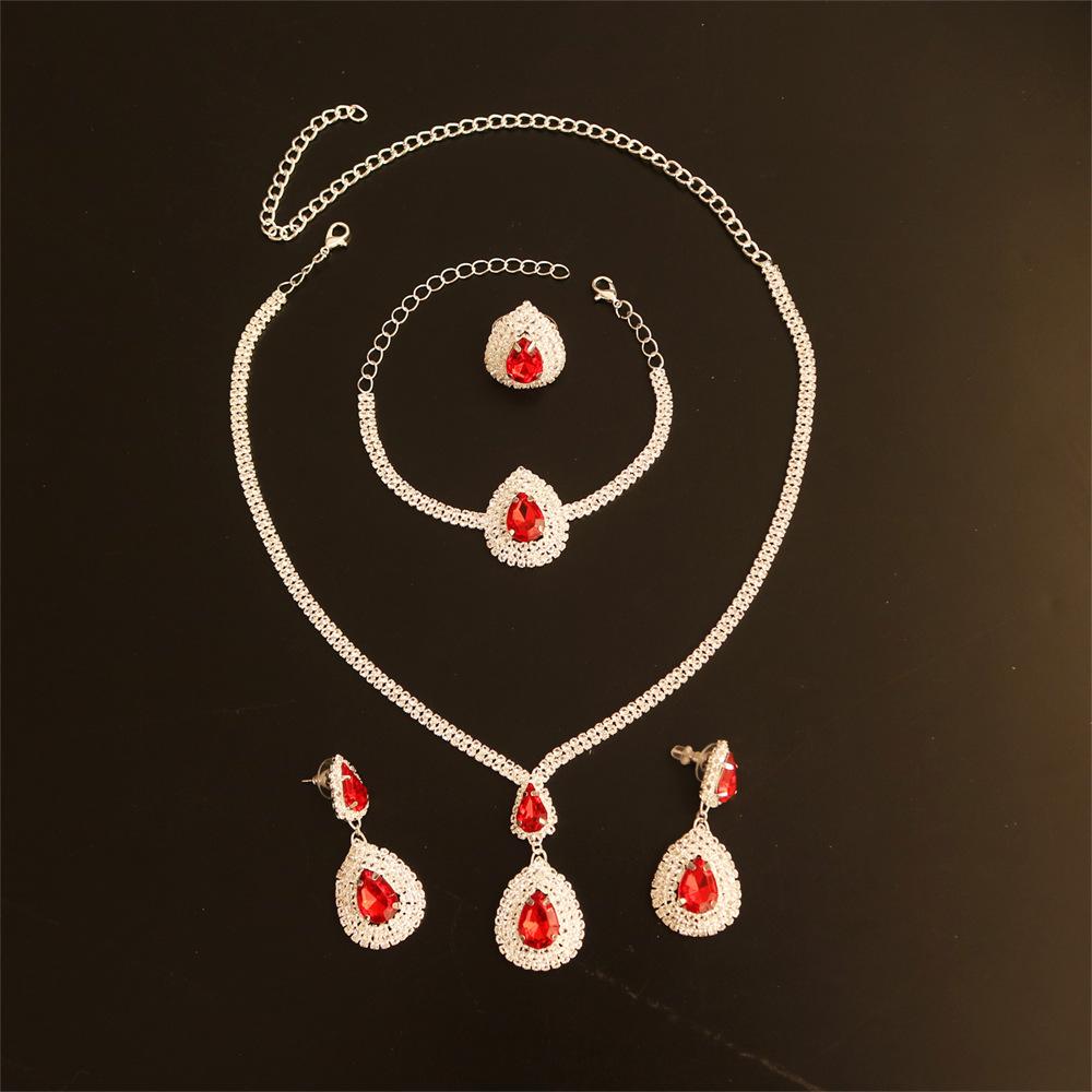 

European And American Red Water Drop Pendant Necklace Earrings Bracelet Set Shining Wedding Rhinestone Dinner Wedding Set Chain красный