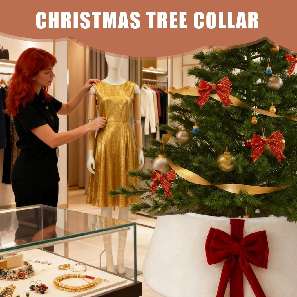 Christmas Tree Bottom Cover Holiday Plush Decor with Bow Knot Foldable Christmas Tree Base Collar for Indoor Outdoor Tabletop