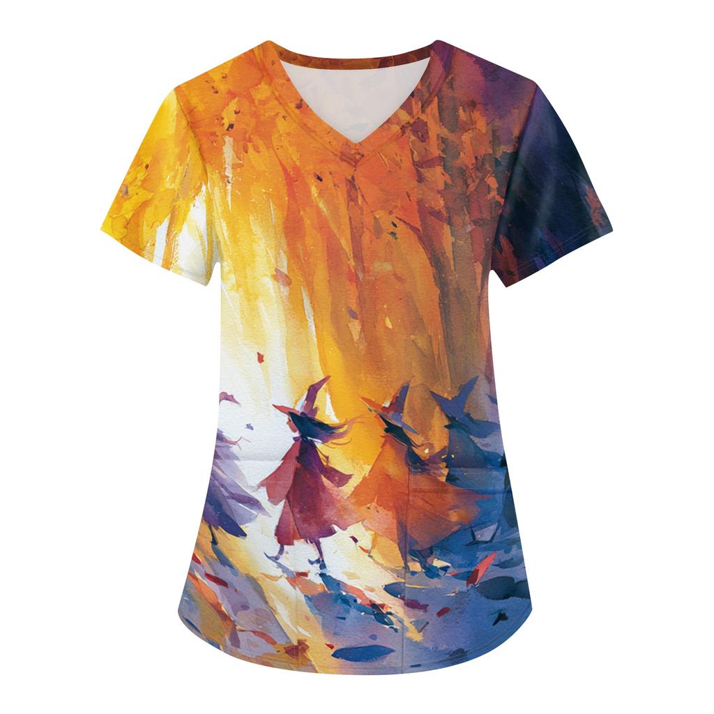 Women's Halloween Printed V-Neck Short Sleeve Scrub Top with Pockets