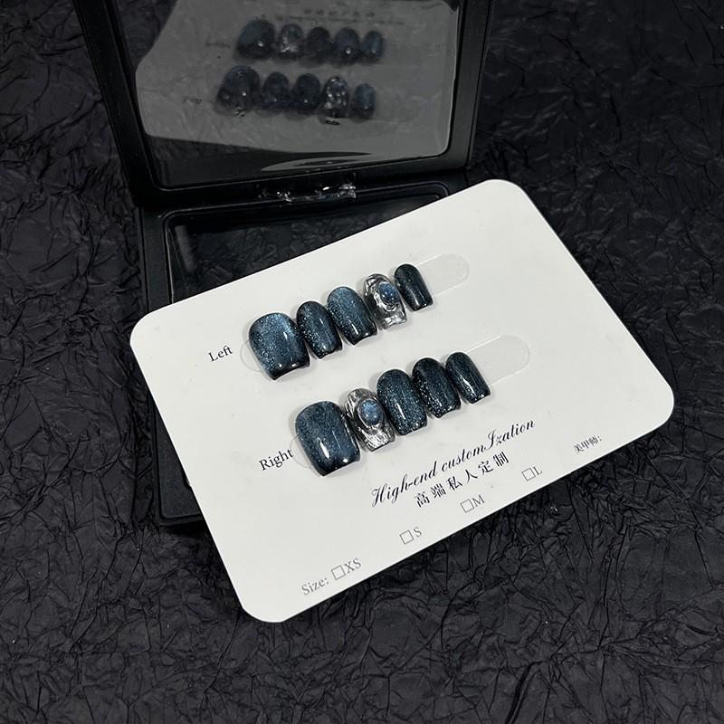 Cat Eye Nail Tips Short Square Press-On Nails With Sparkling Crystal Effect Women Extra Small