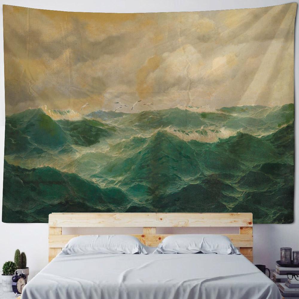 Retro Oil Painting Tapestry, Ocean View, Home Wall Hanging Fabric, Bohemian, Aesthetics, Living Room, Bedroom, Wall Decoration