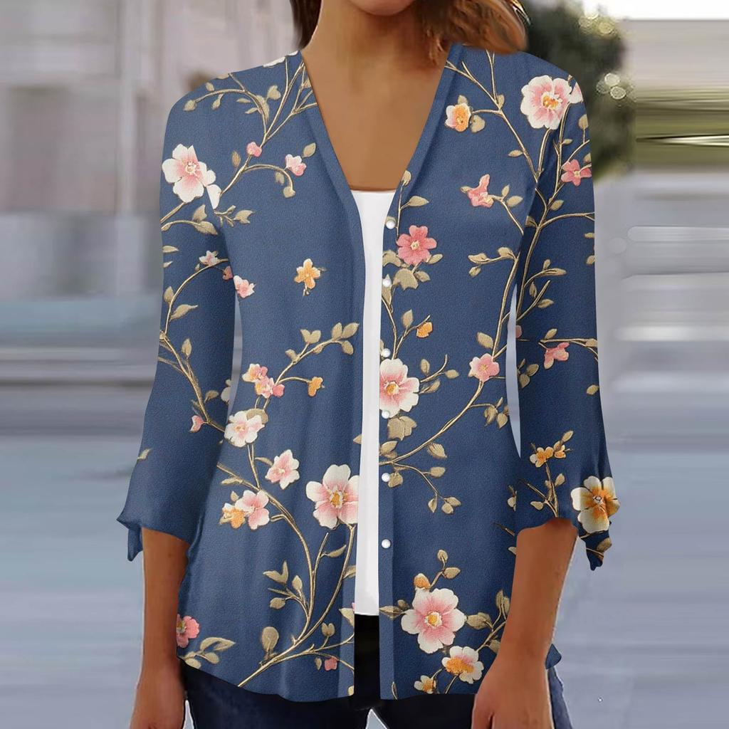 Women's Fashion Loose Casual Printed Seven-Part Sleeve Button Down Blouse Cardigan Top