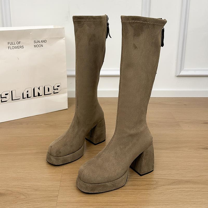 Winter Platform Thick Heels Woman Modern High Boots Sexy Round Toe Party Dress Shoes Female Vintage Stretch Slim Long Booties